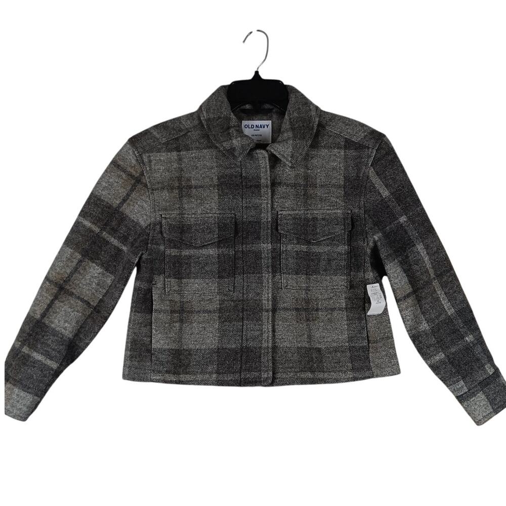Old Navy Shacket Womens Extra Small Petite Gray Plaid Full Zip Cropped Preppy‎